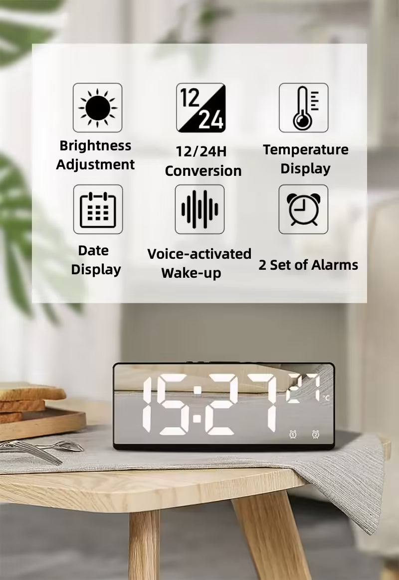 Voice Control Digital Alarm Clock – Temperature Display, Dual Alarm, Snooze, Night Mode, 12/24H LED Desk Clock