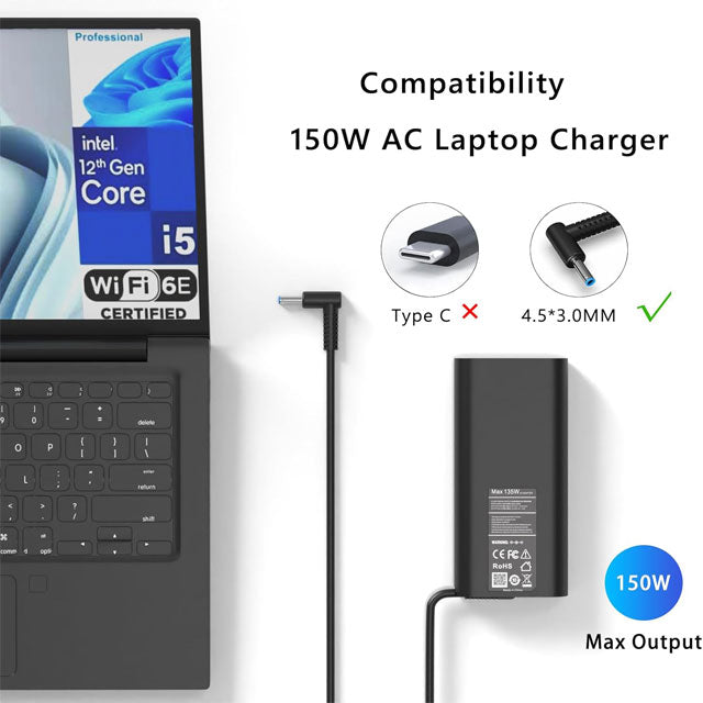 150W AC Laptop Charger for HP ZBook, Fury, ZBook Studio & Pavilion Gaming – Compatible with HP ZBook 15/16/17 G5-G9, HP Fury 15/17 G7/G8, ZBook Studio G3-G8, HP Pavilion Gaming 15/17, 15u G3 & 15v x360 G5 AC Adapter Power Cord