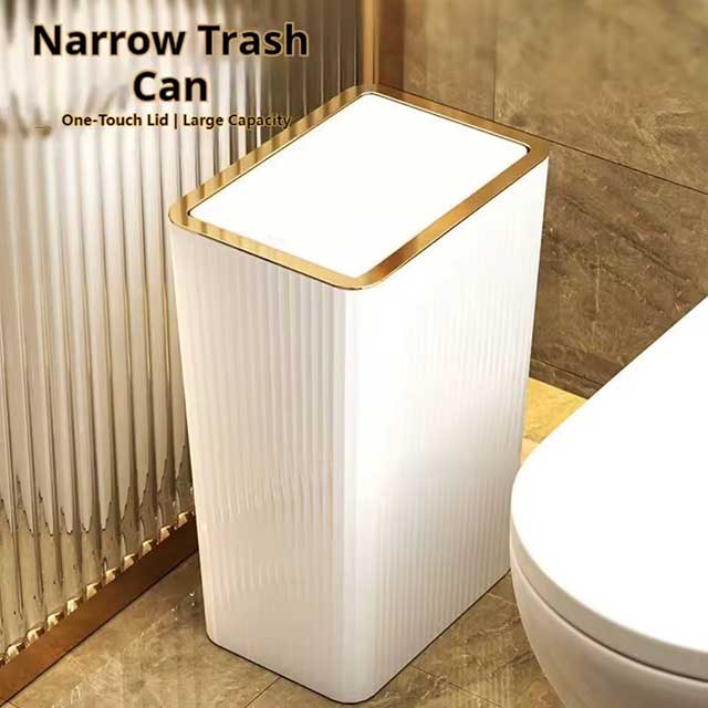 15L Nordic Gold Bathroom Trash Can – Slim Covered Trash Bin with One-Touch Lid for Bathroom, Toilet, Kitchen, Living Room & Bedroom