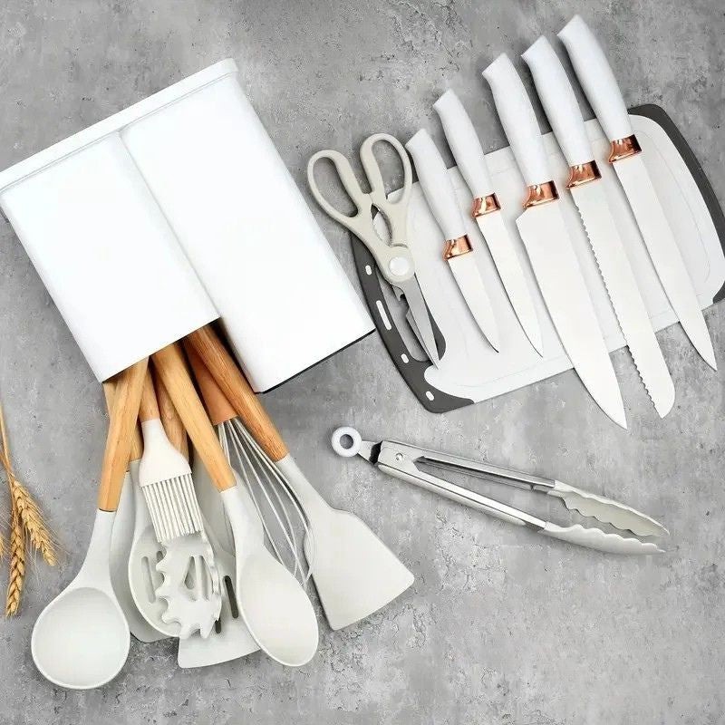 19-Piece Stainless Steel Kitchen Knife Set with Wooden Handles – 19 in 1 Chef Knife Set, Sharp Carbon Steel Blades