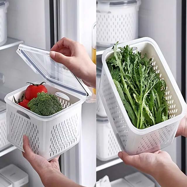 1pc Double-Layer Refrigerator Fresh-Keeping Box with Draining Basket – Dual-Use Food Storage Box for Freezing & Draining, Four-Sided Lock Buckle & Built-In Sealing Ring