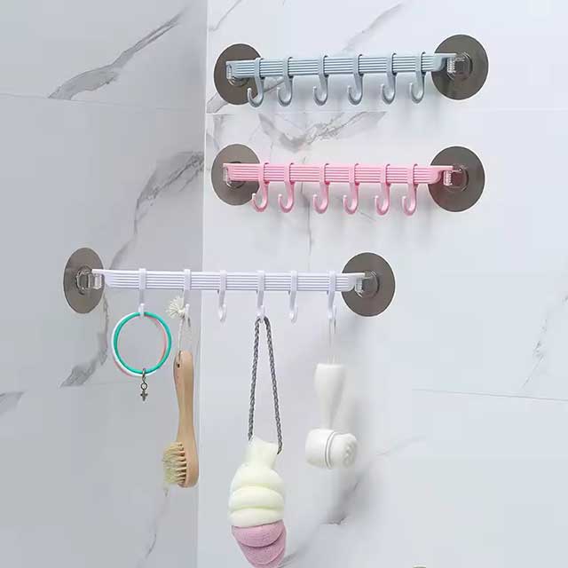 1pc Suction Cup Hook 6 Rows for Kitchen & Bathroom - Corner Suspension Hanger, Mark-Free, Durable