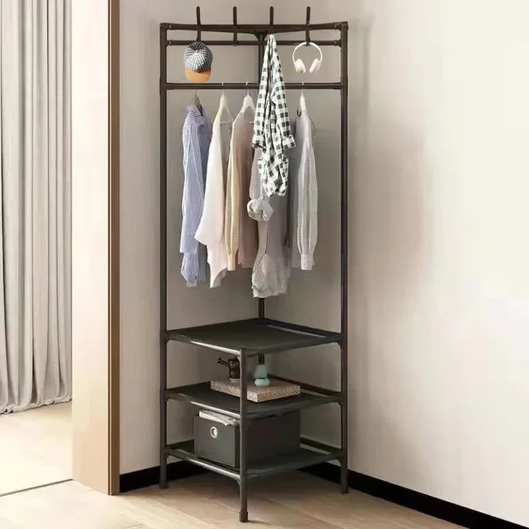 Multifunctional Corner Coat Rack with Shelves – Space Saving Clothes Organizer Stand with Shoe Storage & Double Hanging Rod