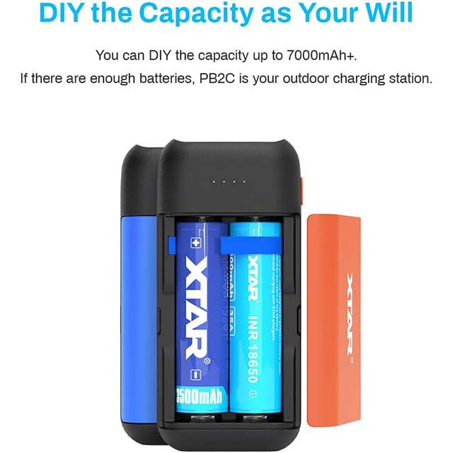 XTAR PC2 2-Bay USB C 18650 Battery Charger – Fast 2A Charging for 18650 & 21700 Batteries, Blue