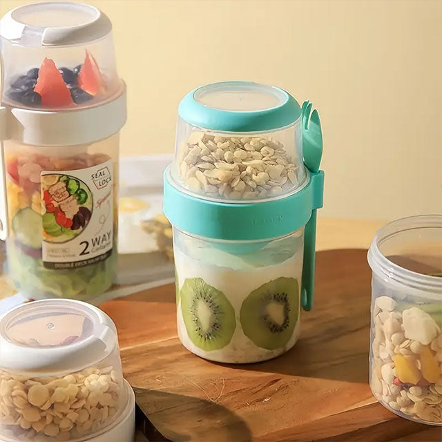 2-Pack Overnight Oats Containers – 2-Tier Portable Breakfast Cups with Lid & Spoon