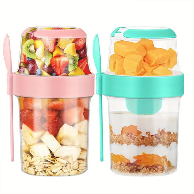 2-Pack Overnight Oats Containers – 2-Tier Portable Breakfast Cups with Lid & Spoon