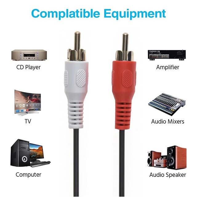 2-Pack RCA Audio Cable – Male to Male (2 White & 2 Red Connectors) for Home Theater, Hi-Fi & Audio Systems