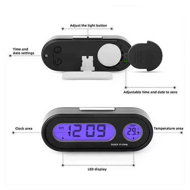 2-in-1 Digital Car Clock & Thermometer – LCD Backlight Display with Luminous Time Watch | Auto Interior Styling Accessory