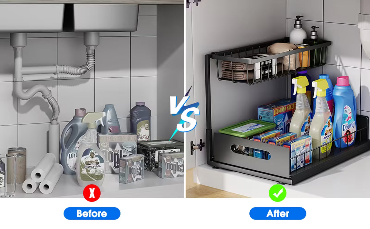 2-Tier Sliding Under Sink Cabinet Organizer – Multi-Purpose Pull-Out Basket for Bathroom & Kitchen Storage