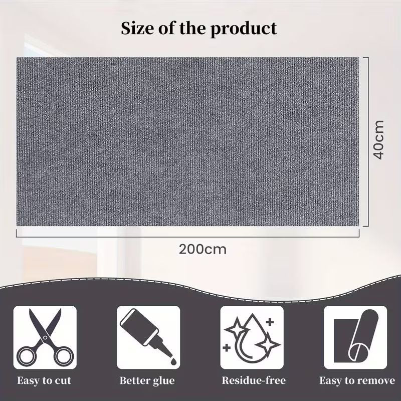 200cm Self-Adhesive Cat Scratch Pad – DIY Cut-to-Size Cat Wall Scratcher – Heavy-Duty Sofa and Furniture Protector – Multi-Surface Gray Felt Scratching Mat for Floors and Walls