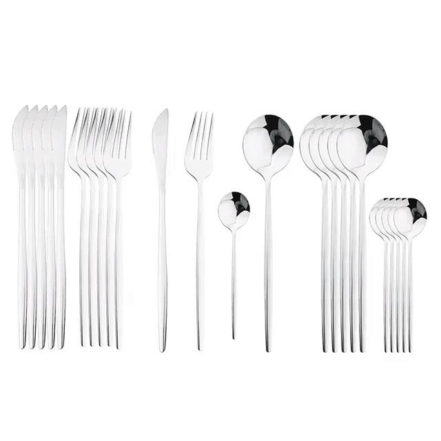 24PCS Black Handle Silver Cutlery Set – Stainless Steel Flatware with Knife, Fork & Spoon for Dining & Gift