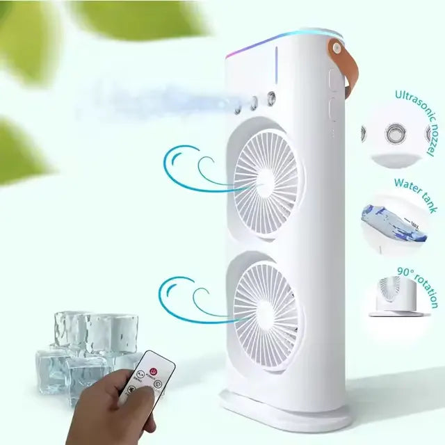 Double Head Rechargeable Spray Fan – Portable USB Cooling Fan with Dual Fans, Mist Spray, Remote Control & LED Light