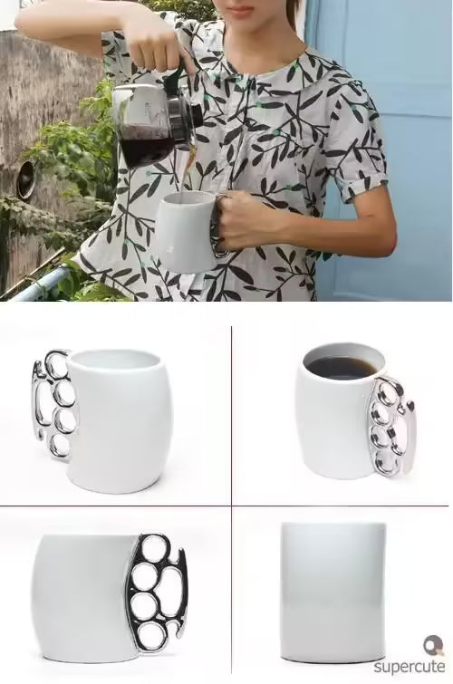 Ceramic Porcelain Coffee Mug with Brass Knuckles Creative Fist Cup, Novelty Gift Idea