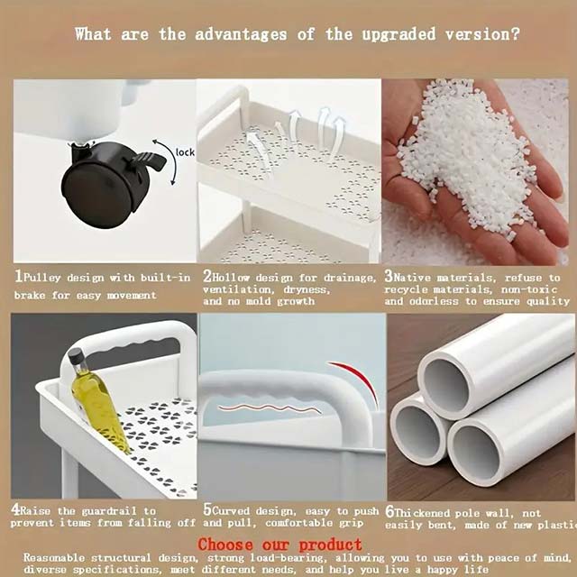 3-Layer Trolley Rack with Wheels - Multi-Purpose Storage Cart for Kitchen, Living Room, Bedroom & Bedside Organization