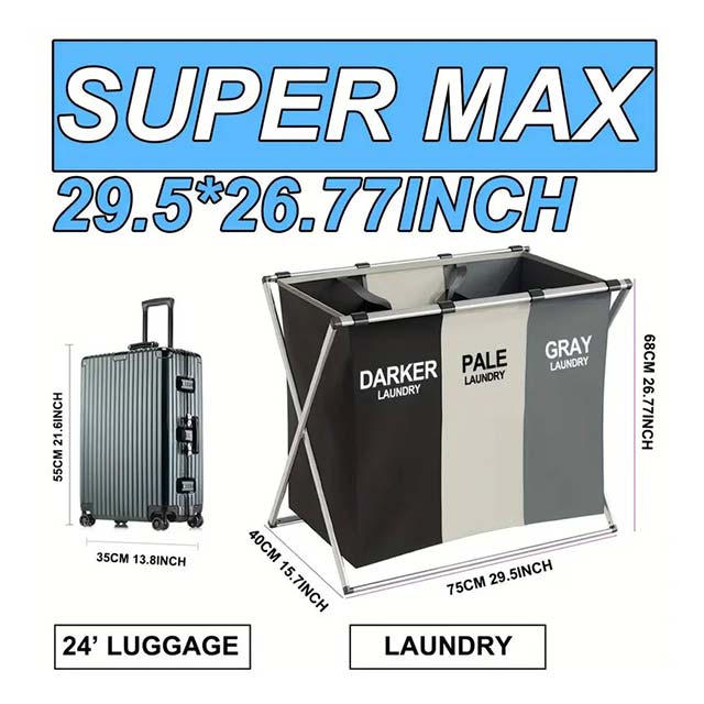 3-Section Foldable Laundry Sorter Basket - Metal & PVC with Waterproof Oxford Bags, Aluminum Frame for Home & Dormitory Clothes Storage