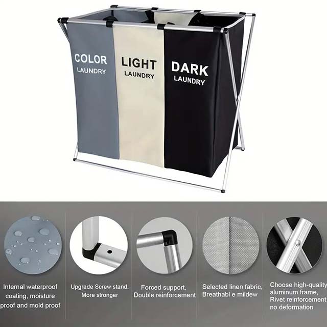 3-Section Foldable Laundry Sorter Basket - Metal & PVC with Waterproof Oxford Bags, Aluminum Frame for Home & Dormitory Clothes Storage