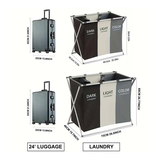 3-Section Foldable Laundry Sorter Basket - Metal & PVC with Waterproof Oxford Bags, Aluminum Frame for Home & Dormitory Clothes Storage