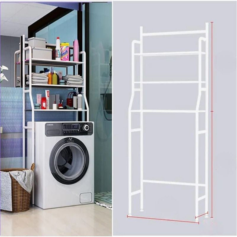 3-Tier Over-the-Toilet & Washing Machine Storage Rack – Multi-Functional Laundry Room Organizer with Hanging Rod – Heavy-Duty Space-Saving Shelf for Bathroom & Laundry – Stable Floor-to-Ceiling Design (Black/White)