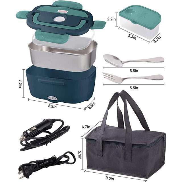 3-in-1 Electric Lunch Box Food Warmer – 60W High-Power Portable Food Heater for Car, Truck & Home (12V/24V/110V) with Detachable 304 Stainless Steel Container, Fork & Spoon