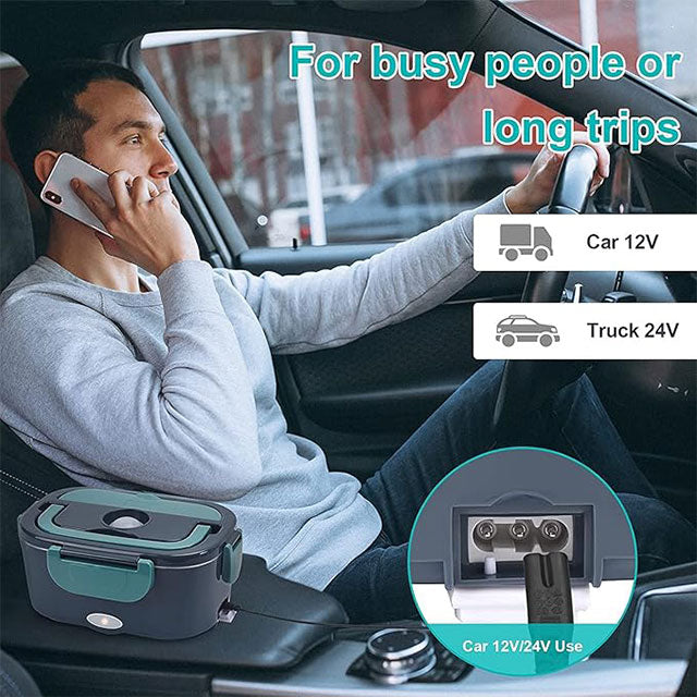 3-in-1 Electric Lunch Box Food Warmer – 60W High-Power Portable Food Heater for Car, Truck & Home (12V/24V/110V) with Detachable 304 Stainless Steel Container, Fork & Spoon