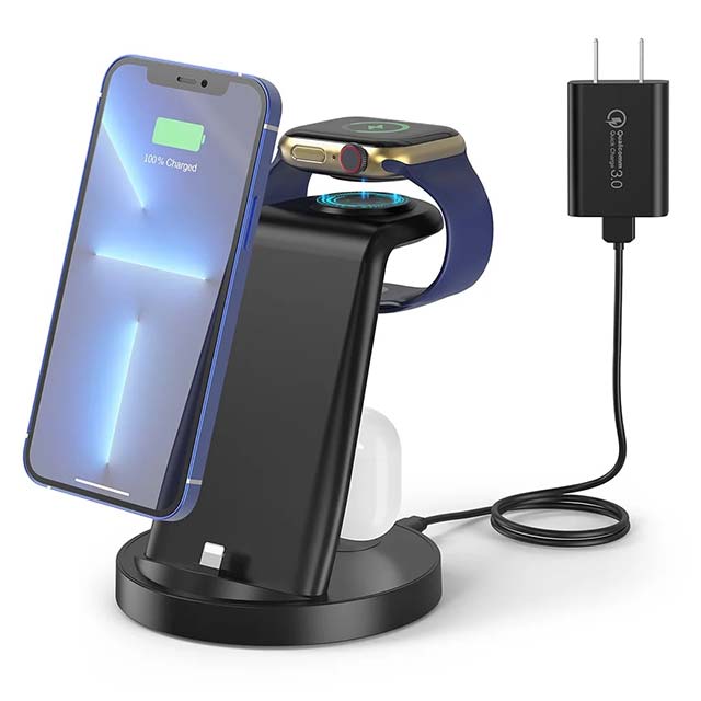 3-in-1 Fast Wireless Charging Dock for iPhone, Apple Watch & AirPods – Multi-Device Charging Station Compatible with iPhone 14/13/12/11 Pro, X Max, XS, XR, 8, 7 Plus & Apple Watch Series 7/6/SE/5/4/3/2 with Adapter