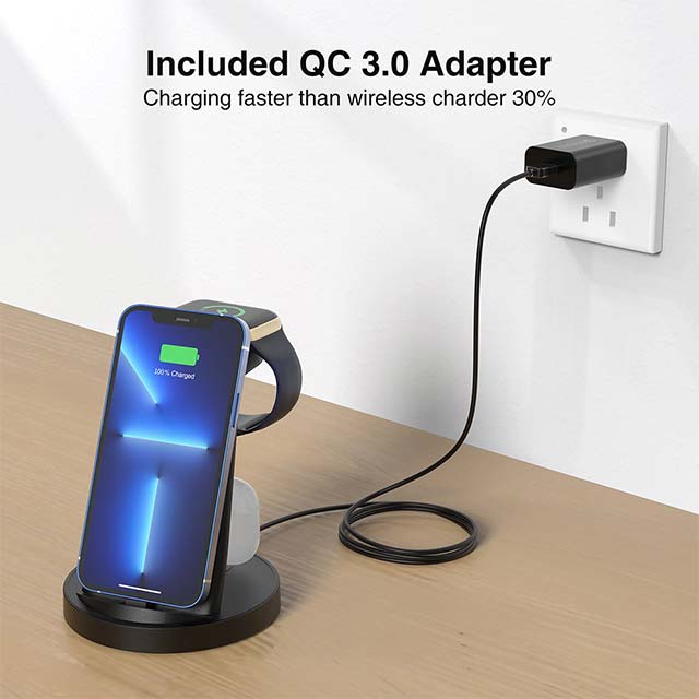 3-in-1 Fast Wireless Charging Dock for iPhone, Apple Watch & AirPods – Multi-Device Charging Station Compatible with iPhone 14/13/12/11 Pro, X Max, XS, XR, 8, 7 Plus & Apple Watch Series 7/6/SE/5/4/3/2 with Adapter