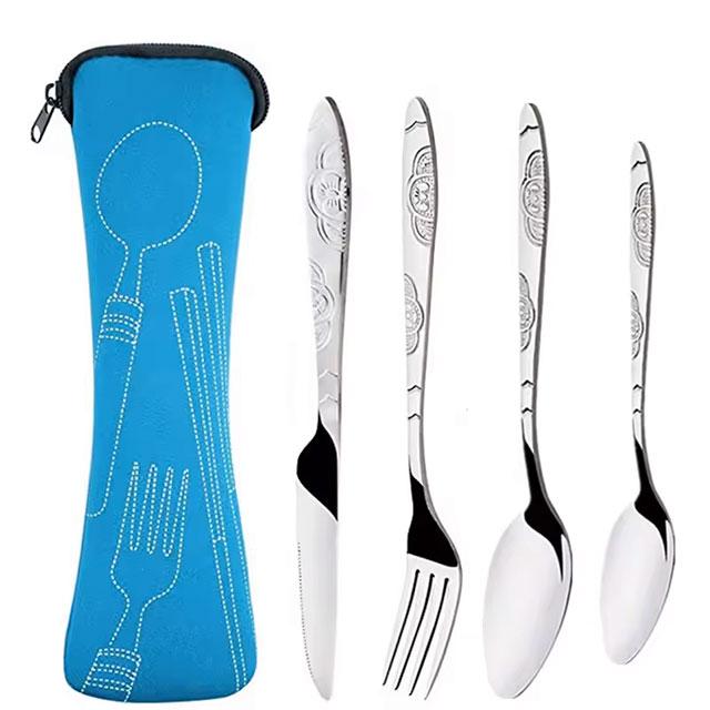 3PCS Portable Stainless Steel Cutlery Set – Printed Knife, Fork & Spoon with Bag for Camping & Dining