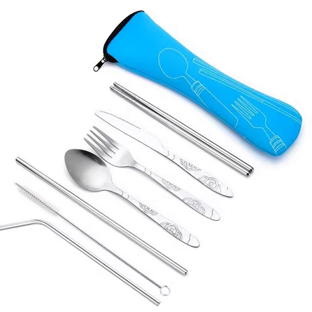 3PCS Portable Stainless Steel Cutlery Set – Printed Knife, Fork & Spoon with Bag for Camping & Dining