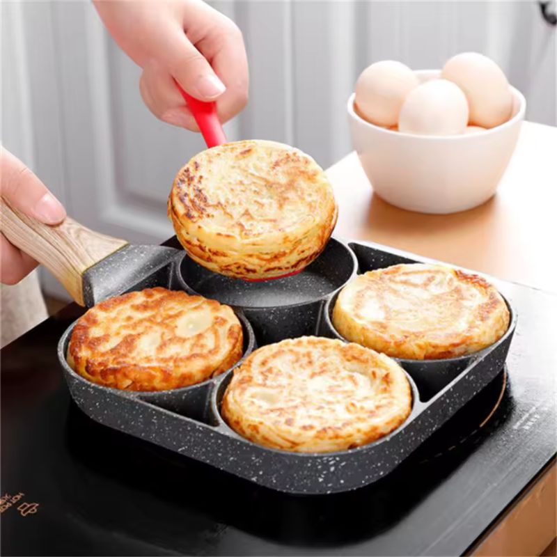 4-Hole Nonstick Egg Omelette Pan – Thickened Hamburger and Steak Breakfast Maker – Intelligent Temperature Control Induction Cookware with Anti-Scald Handle