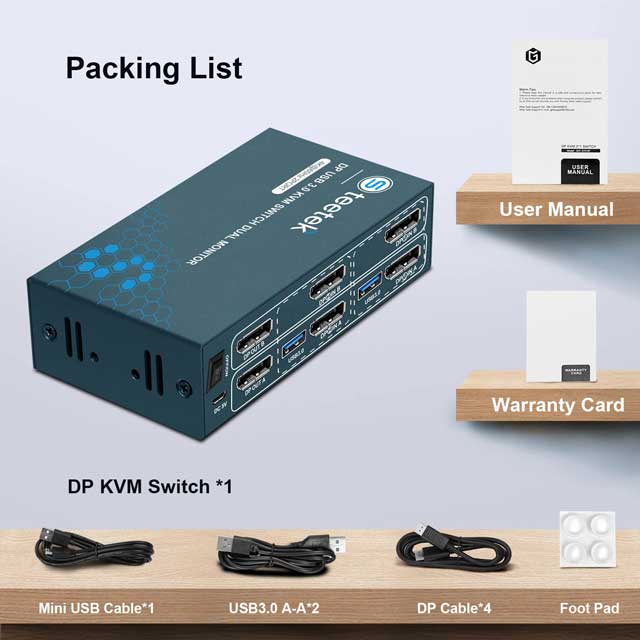 4K@60Hz Dual Monitor DisplayPort KVM Switch – 2-in-2-out for 2 Computers with USB 3.0, Button Control, Includes 4 DP & 2 USB 3.0 Cables