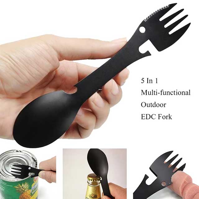 5-in-1 Outdoor Survival Camping Tool – Multi-Functional EDC Kit with Fork, Knife, Spoon, Bottle & Can Opener