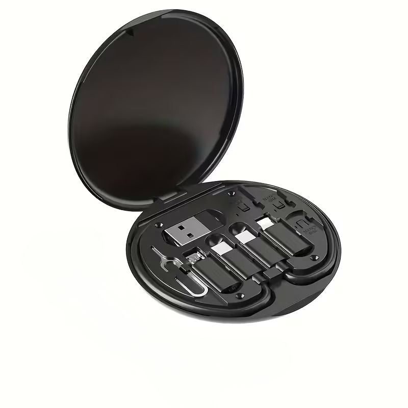 5-in-1 Mini Data Cable Storage Box – 60W Fast Charging Multi-Cable Set with USB-C, Lightning, and Micro-USB Adapters – Portable Travel Tech Organizer with Phone Stand and SIM Kit