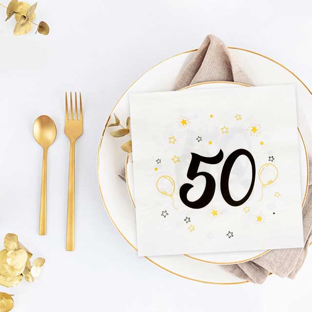 50th Birthday & Anniversary Milestone Paper Napkins – 33x33cm Party Table Decor for Women & Men Celebration, Dinner & Event Decoration