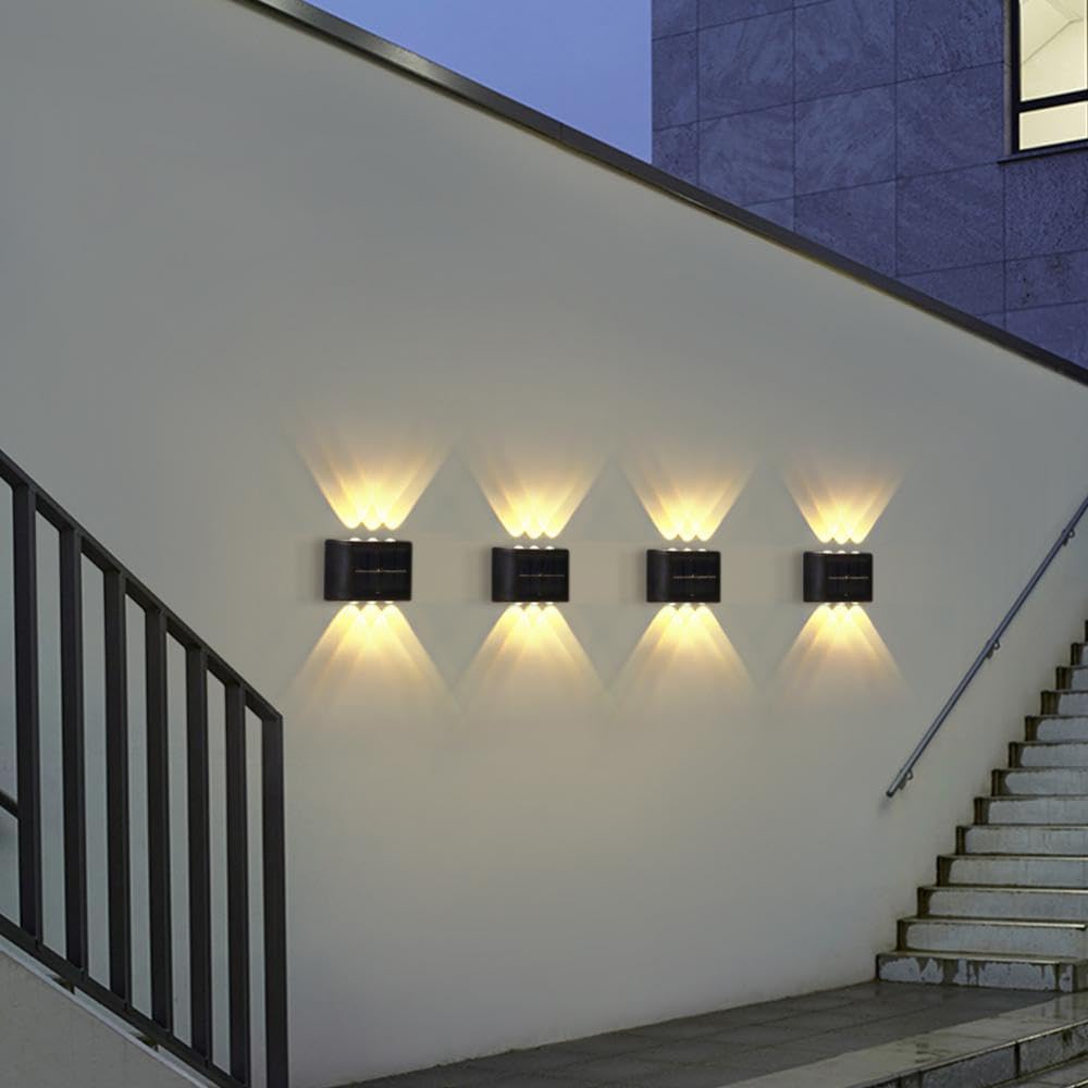2 PIECES/SET Solar Wall Lights – 6 LED Up and Down Solar-Powered Wall Lamp – IP65 Waterproof Exterior Sconce – Decorative Fence & Porch Light for Patio, Yard, Garage, & Deck (Warm White / 1 PC)