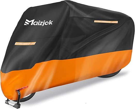 Maizjok Waterproof Motorcycle Cover XXL – 210D Oxford Outdoor Motorcycle Tarpaulin for Motorbike, Scooter & Moped (245×105×125cm) Black & Orange