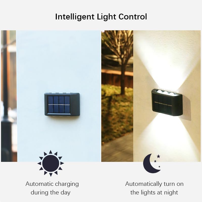 2 PIECES/SET Solar Wall Lights – 6 LED Up and Down Solar-Powered Wall Lamp – IP65 Waterproof Exterior Sconce – Decorative Fence & Porch Light for Patio, Yard, Garage, & Deck (Warm White / 1 PC)