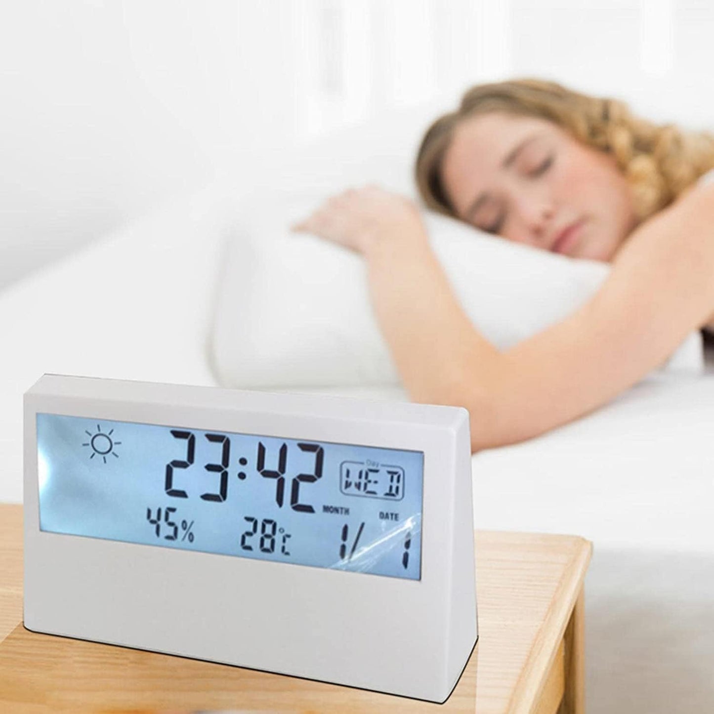 LED Digital Thermo-Hygrometer – Multifunction Temperature & Humidity Meter – Electronic Weather Station with Alarm Clock for Home & Office