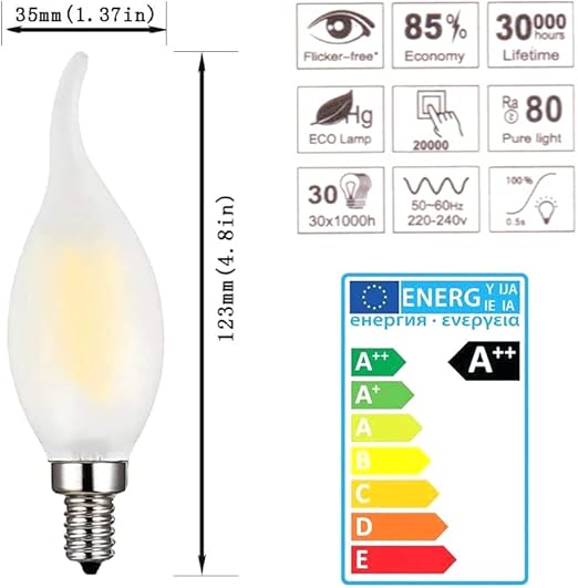 4W E14 Candelabra LED Bulbs – Warm White 2700K, Frosted Glass Flame Tip, Non-Dimmable