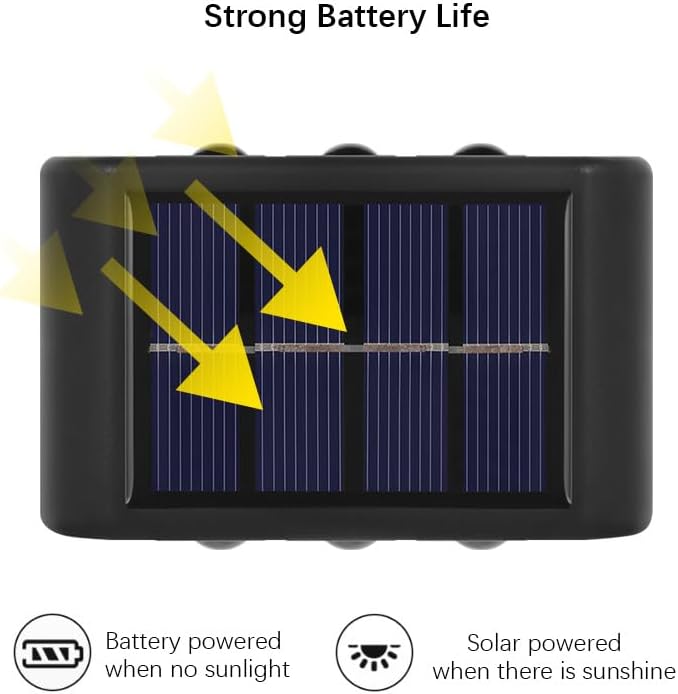 2 PIECES/SET Solar Wall Lights – 6 LED Up and Down Solar-Powered Wall Lamp – IP65 Waterproof Exterior Sconce – Decorative Fence & Porch Light for Patio, Yard, Garage, & Deck (Warm White / 1 PC)