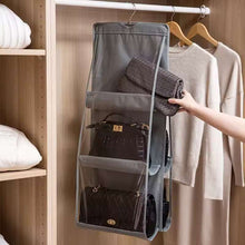 Organisateur de sacs à main suspendu à 6 poches – Rangement vertical double face pour placards – Sac de rangement gris imperméable avec fenêtres transparentes – Pochette de rangement peu encombrante à suspendre aux portes et aux murs avec cintre
