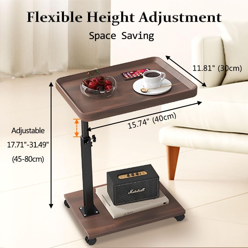 C-Shaped Mobile Side Table – Slidable Sofa End Table & Bedside Cabinet – Small Square Coffee Table with Wheels (Wood / Marble White / Walnut)