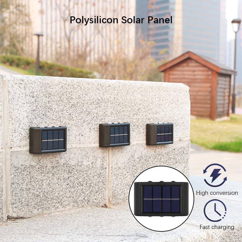 2 PIECES/SET Solar Wall Lights – 6 LED Up and Down Solar-Powered Wall Lamp – IP65 Waterproof Exterior Sconce – Decorative Fence & Porch Light for Patio, Yard, Garage, & Deck (Warm White / 1 PC)