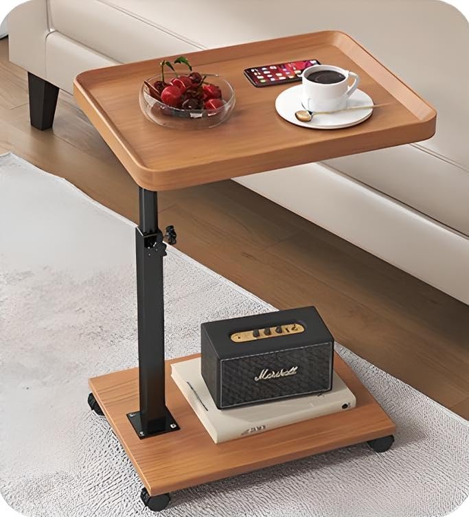 C-Shaped Mobile Side Table – Slidable Sofa End Table & Bedside Cabinet – Small Square Coffee Table with Wheels (Wood / Marble White / Walnut)