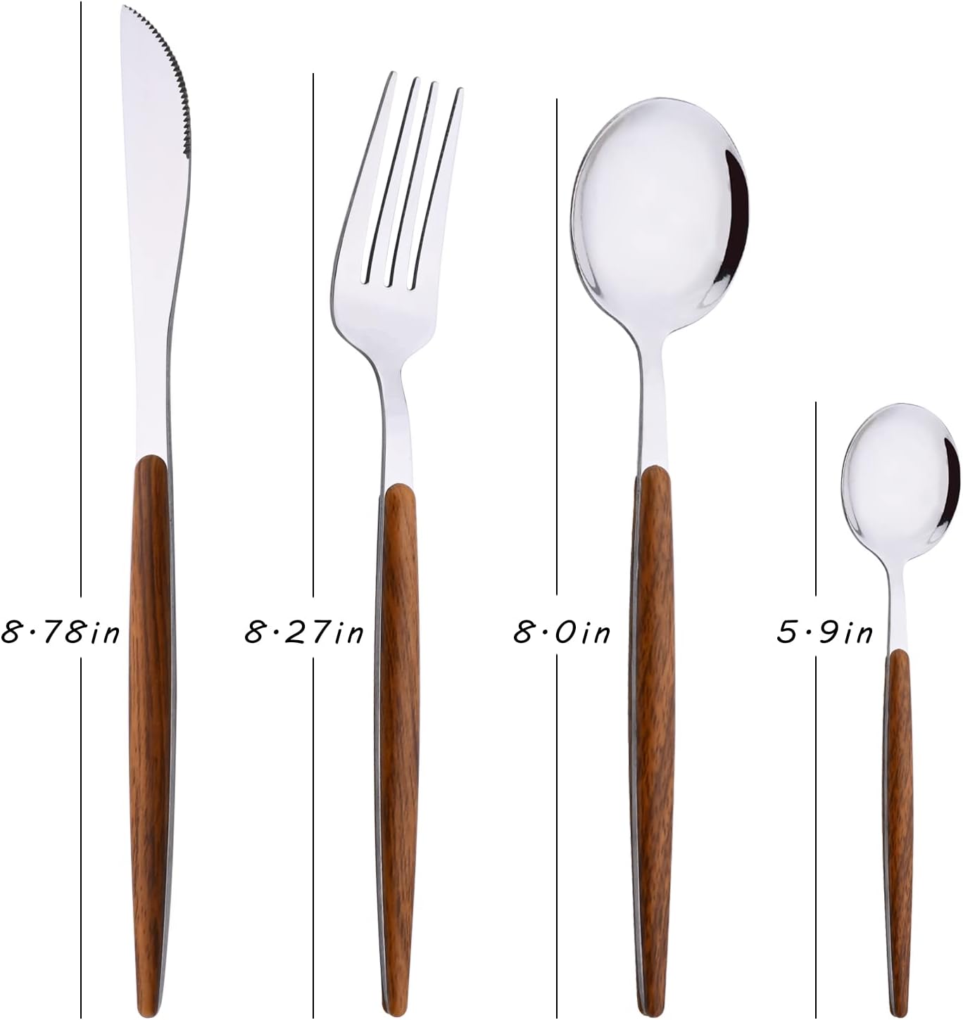 Stainless Steel Cutlery Set – Vintage Imitation Wood Handle – Professional Western Tableware Kit with Steak Knife, Fork, Spoon, and Teaspoon (Mirror Polished)