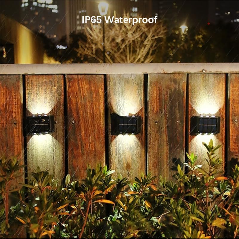 2 PIECES/SET Solar Wall Lights – 6 LED Up and Down Solar-Powered Wall Lamp – IP65 Waterproof Exterior Sconce – Decorative Fence & Porch Light for Patio, Yard, Garage, & Deck (Warm White / 1 PC)