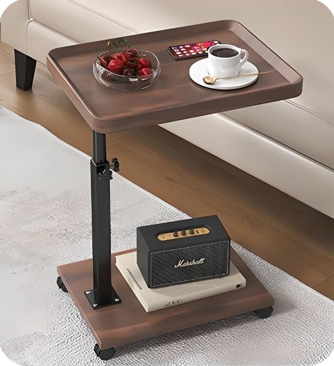 C-Shaped Mobile Side Table – Slidable Sofa End Table & Bedside Cabinet – Small Square Coffee Table with Wheels (Wood / Marble White / Walnut)