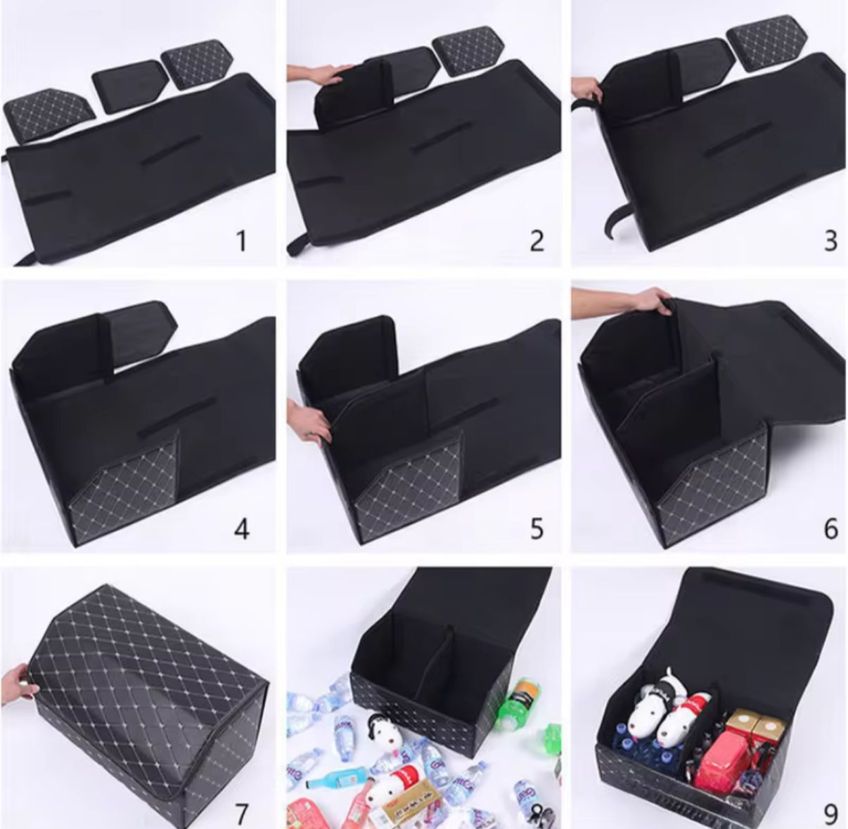 PU Leather Collapsible Car Trunk Organizer – Durable Vehicle Storage Box with White Stitching & Handles | Cargo Carrier by Amagi