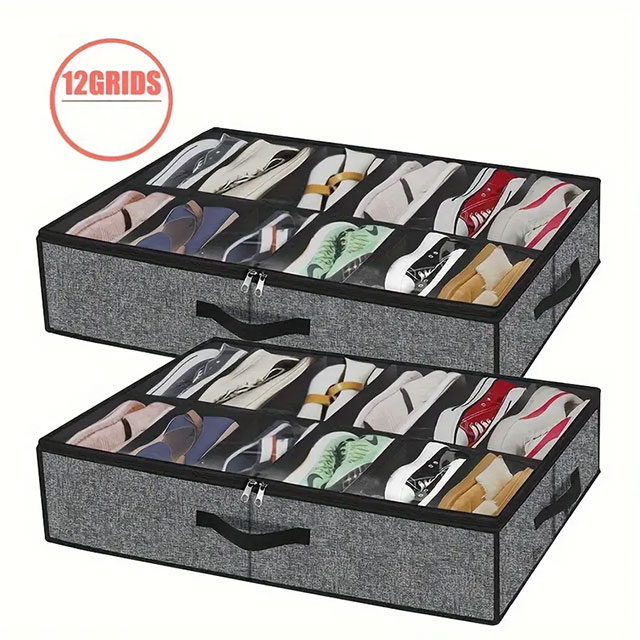 Foldable Under Bed Shoe Storage Organizer – 12-Compartment Dustproof Non-Woven Fabric Space-Saving Shoe Holder