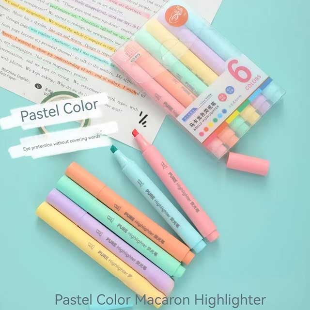 6PCS Pastel Macaron Highlighter Pens – Cute Fluorescent Marker Set for Drawing & School Stationery Supplies