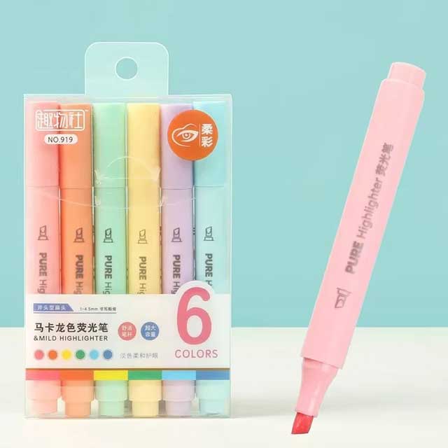 6PCS Pastel Macaron Highlighter Pens – Cute Fluorescent Marker Set for Drawing & School Stationery Supplies